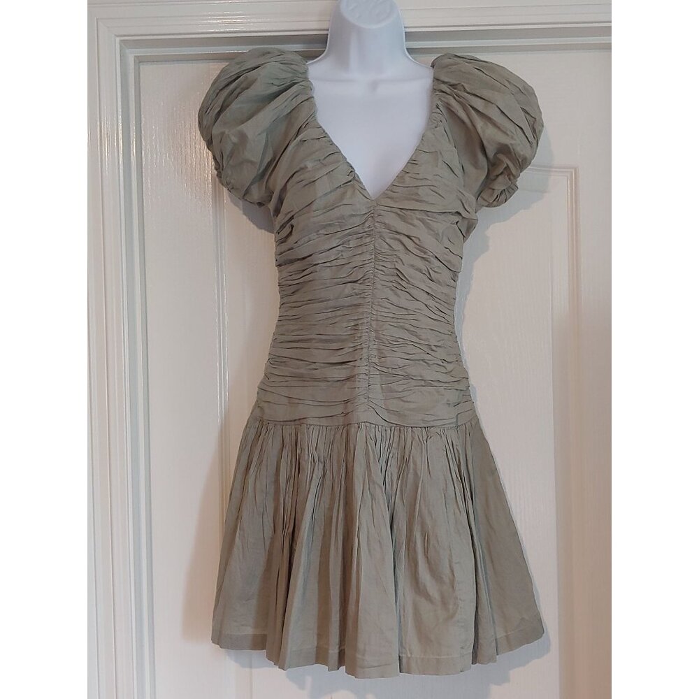 Abercrombie & Fitch Sage Green Ruched Smocked Pleated Drama Puff Sleeve Dress ST